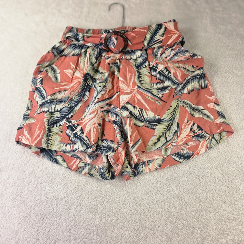 Christian Siriano New York Tropical Palm Floral Belted Shorts Coral Green XS